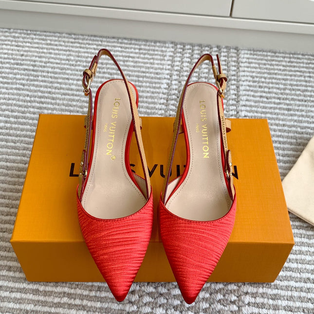 BLOSSOM SLINGBACKS 55 MM IN CHERRY RED IMPORTED STRIPED SILK SATIN
