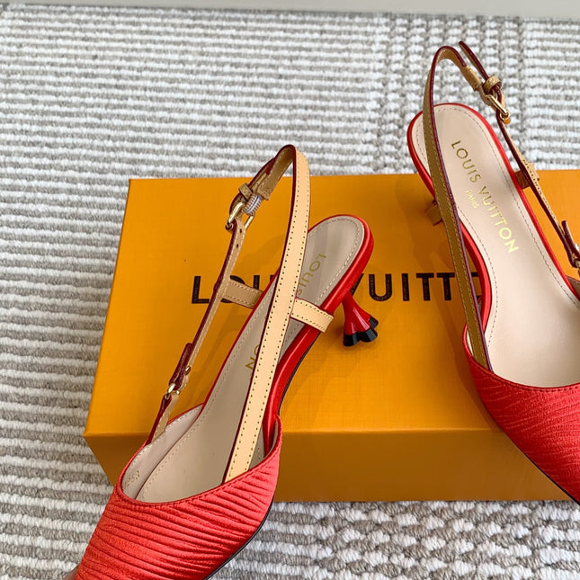 BLOSSOM SLINGBACKS 55 MM IN CHERRY RED IMPORTED STRIPED SILK SATIN