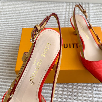 BLOSSOM SLINGBACKS 55 MM IN CHERRY RED IMPORTED STRIPED SILK SATIN