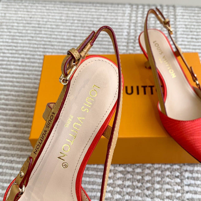 BLOSSOM SLINGBACKS 55 MM IN CHERRY RED IMPORTED STRIPED SILK SATIN