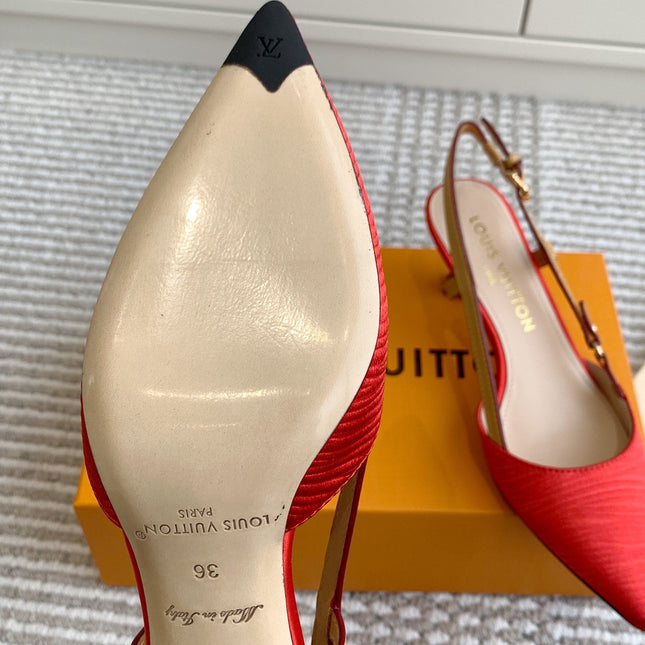 BLOSSOM SLINGBACKS 55 MM IN CHERRY RED IMPORTED STRIPED SILK SATIN