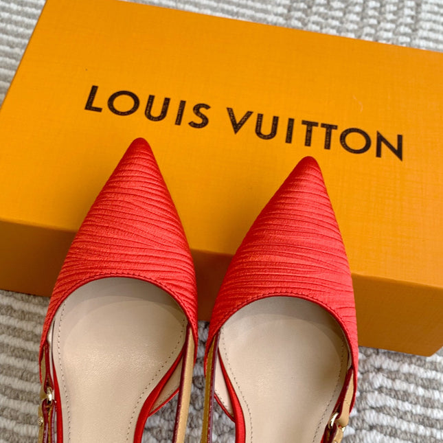 BLOSSOM SLINGBACKS 55 MM IN CHERRY RED IMPORTED STRIPED SILK SATIN