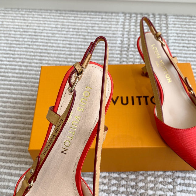 BLOSSOM SLINGBACKS 75 MM IN CHERRY RED IMPORTED STRIPED SILK SATIN