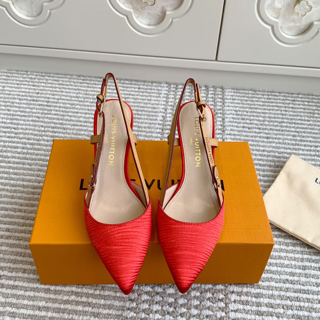 BLOSSOM SLINGBACKS 75 MM IN CHERRY RED IMPORTED STRIPED SILK SATIN