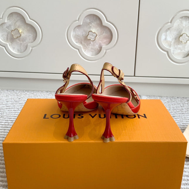 BLOSSOM SLINGBACKS 75 MM IN CHERRY RED IMPORTED STRIPED SILK SATIN