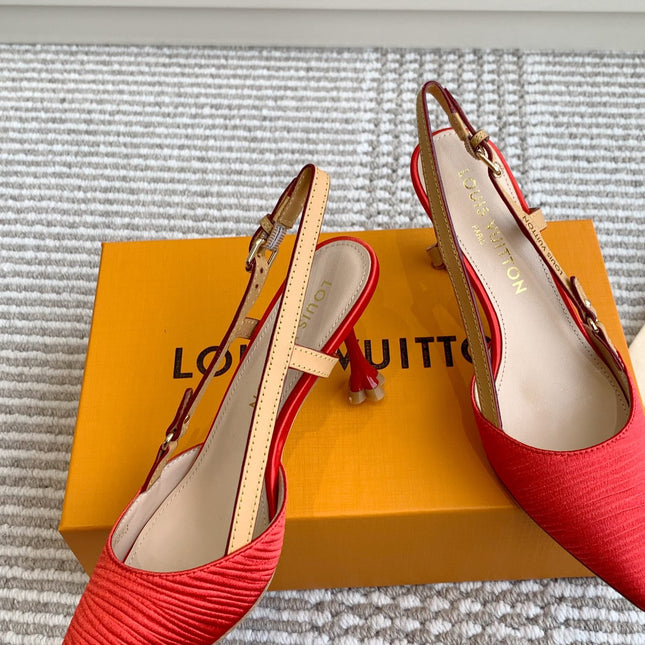 BLOSSOM SLINGBACKS 75 MM IN CHERRY RED IMPORTED STRIPED SILK SATIN