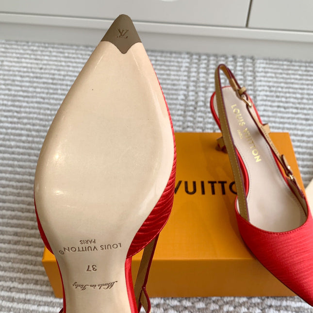 BLOSSOM SLINGBACKS 75 MM IN CHERRY RED IMPORTED STRIPED SILK SATIN