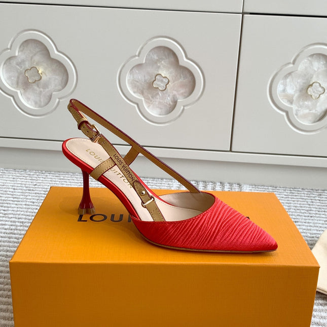 BLOSSOM SLINGBACKS 75 MM IN CHERRY RED IMPORTED STRIPED SILK SATIN