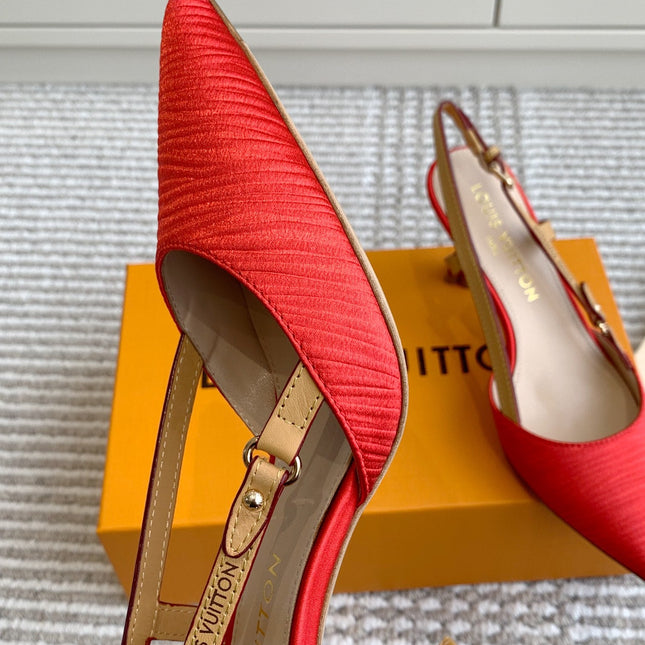 BLOSSOM SLINGBACKS 75 MM IN CHERRY RED IMPORTED STRIPED SILK SATIN