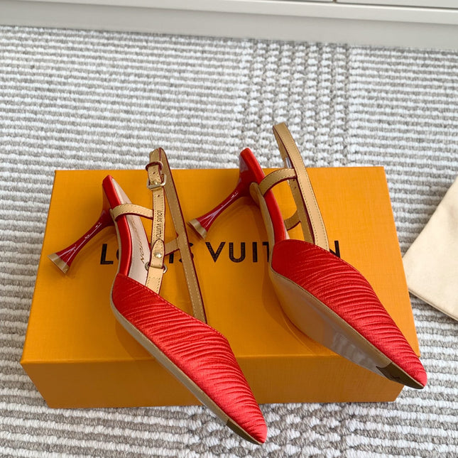 BLOSSOM SLINGBACKS 75 MM IN CHERRY RED IMPORTED STRIPED SILK SATIN