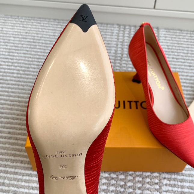 BLOSSOM PUMP 75 MM IN CHERRY RED IMPORTED STRIPED SILK SATIN