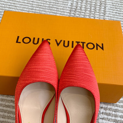 BLOSSOM PUMP 75 MM IN CHERRY RED IMPORTED STRIPED SILK SATIN