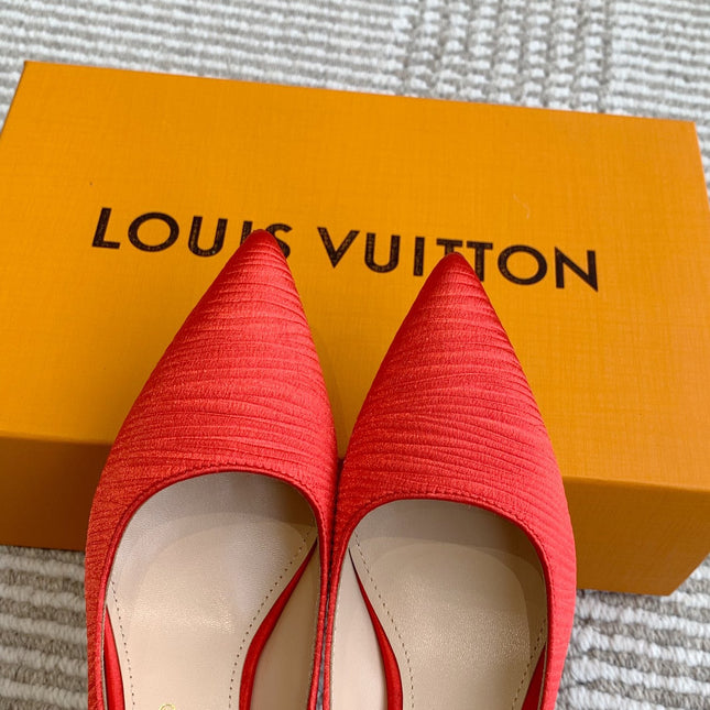 BLOSSOM PUMP 75 MM IN CHERRY RED IMPORTED STRIPED SILK SATIN