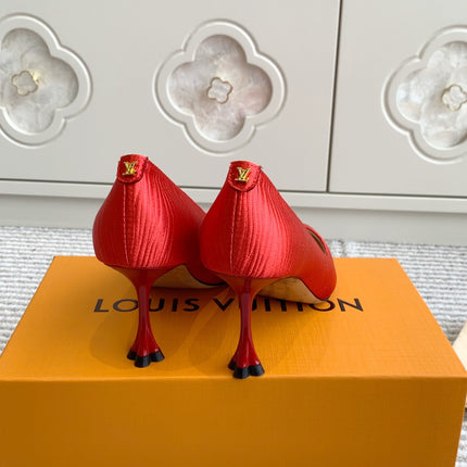 BLOSSOM PUMP 75 MM IN CHERRY RED IMPORTED STRIPED SILK SATIN