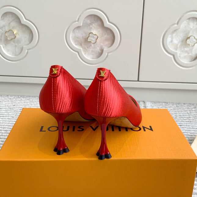 BLOSSOM PUMP 75 MM IN CHERRY RED IMPORTED STRIPED SILK SATIN