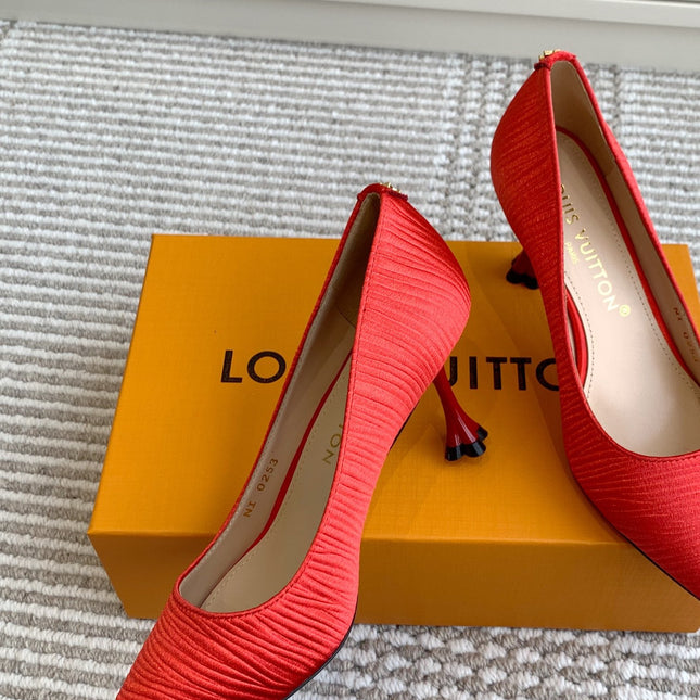 BLOSSOM PUMP 75 MM IN CHERRY RED IMPORTED STRIPED SILK SATIN