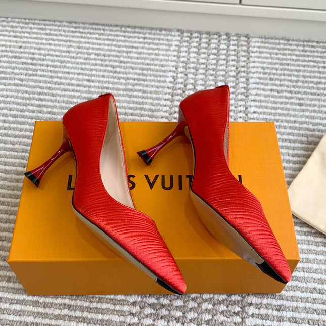 BLOSSOM PUMP 75 MM IN CHERRY RED IMPORTED STRIPED SILK SATIN
