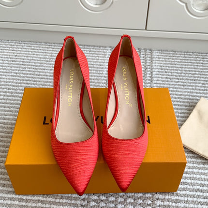BLOSSOM PUMP 75 MM IN CHERRY RED IMPORTED STRIPED SILK SATIN