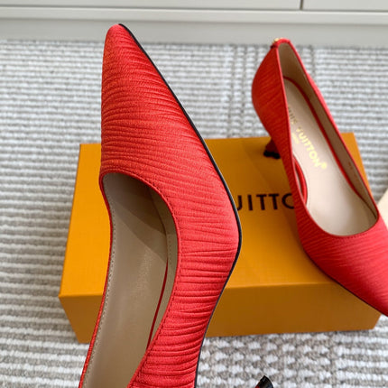BLOSSOM PUMP 75 MM IN CHERRY RED IMPORTED STRIPED SILK SATIN