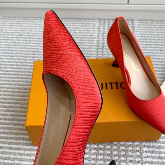 BLOSSOM PUMP 75 MM IN CHERRY RED IMPORTED STRIPED SILK SATIN