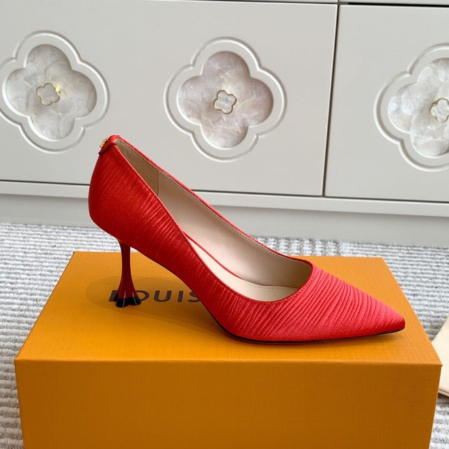 BLOSSOM PUMP 75 MM IN CHERRY RED IMPORTED STRIPED SILK SATIN