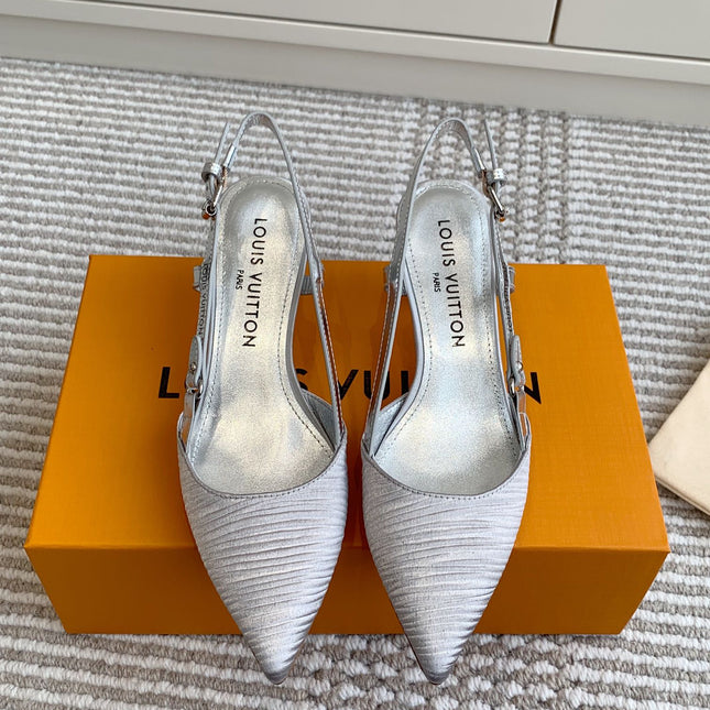 BLOSSOM SLINGBACKS 55 MM IN SILVER IMPORTED STRIPED SILK SATIN