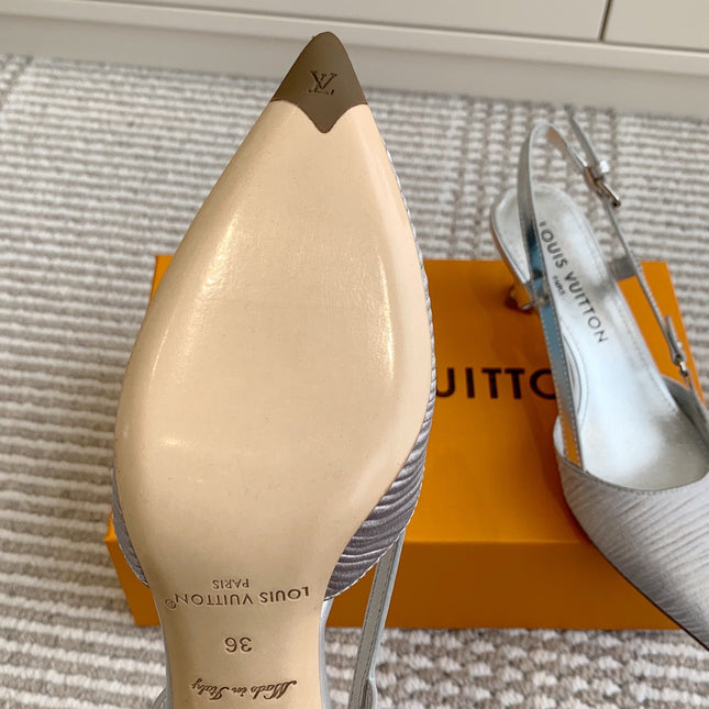 BLOSSOM SLINGBACKS 55 MM IN SILVER IMPORTED STRIPED SILK SATIN