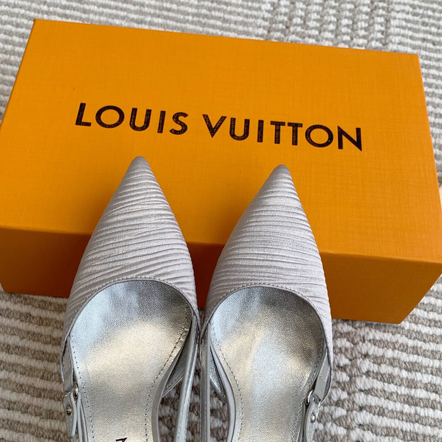 BLOSSOM SLINGBACKS 55 MM IN SILVER IMPORTED STRIPED SILK SATIN