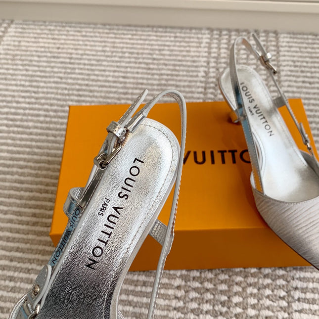 BLOSSOM SLINGBACKS 55 MM IN SILVER IMPORTED STRIPED SILK SATIN