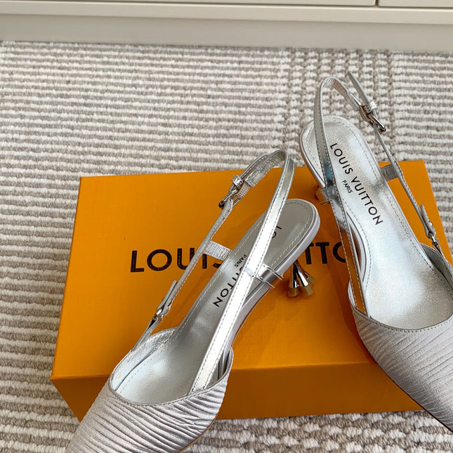 BLOSSOM SLINGBACKS 55 MM IN SILVER IMPORTED STRIPED SILK SATIN