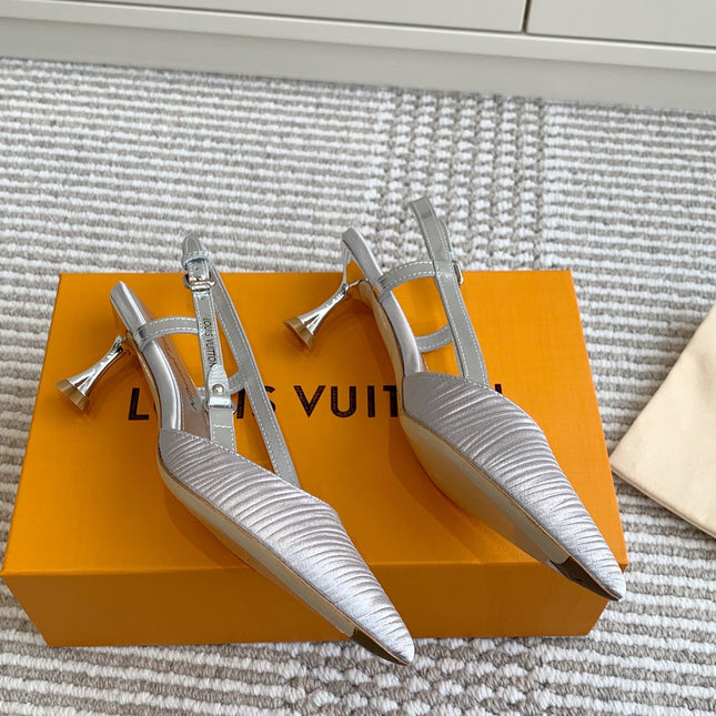 BLOSSOM SLINGBACKS 55 MM IN SILVER IMPORTED STRIPED SILK SATIN