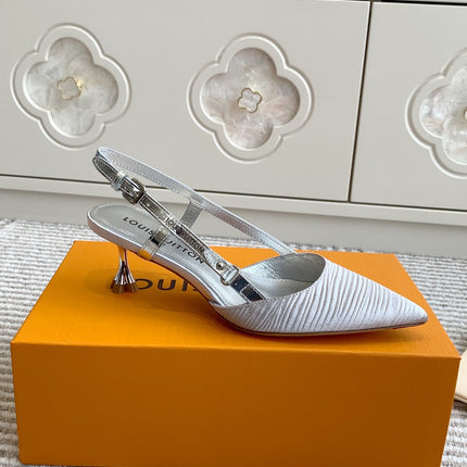 BLOSSOM SLINGBACKS 55 MM IN SILVER IMPORTED STRIPED SILK SATIN