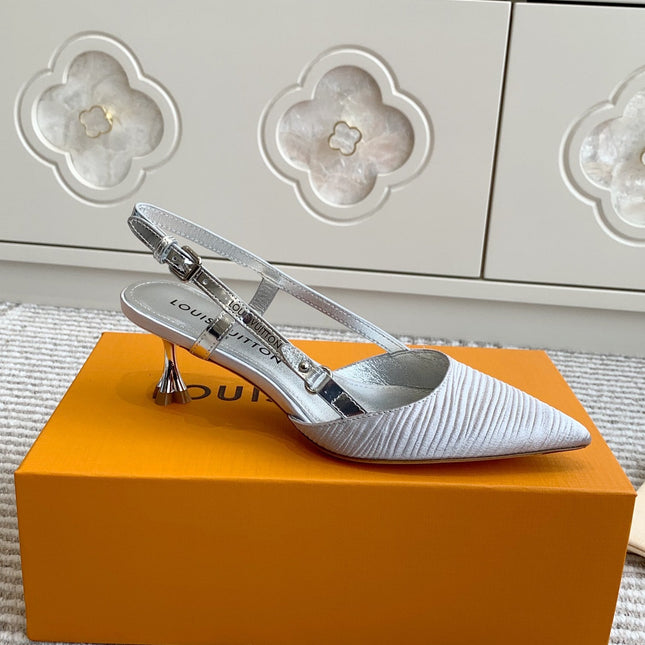 BLOSSOM SLINGBACKS 55 MM IN SILVER IMPORTED STRIPED SILK SATIN