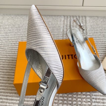 BLOSSOM SLINGBACKS 55 MM IN SILVER IMPORTED STRIPED SILK SATIN