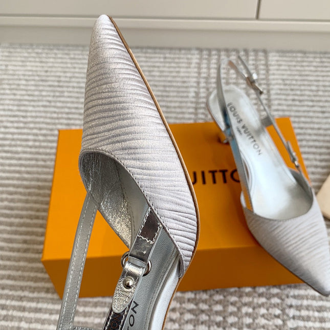 BLOSSOM SLINGBACKS 55 MM IN SILVER IMPORTED STRIPED SILK SATIN
