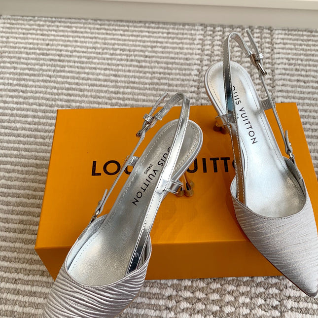 BLOSSOM SLINGBACKS 75 MM IN SILVER IMPORTED STRIPED SILK SATIN
