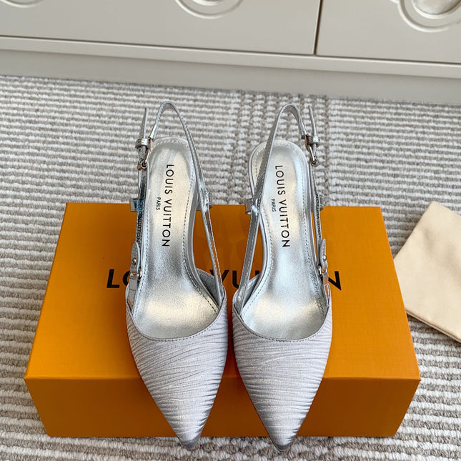 BLOSSOM SLINGBACKS 75 MM IN SILVER IMPORTED STRIPED SILK SATIN