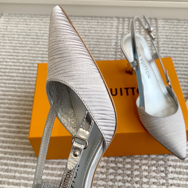 BLOSSOM SLINGBACKS 75 MM IN SILVER IMPORTED STRIPED SILK SATIN