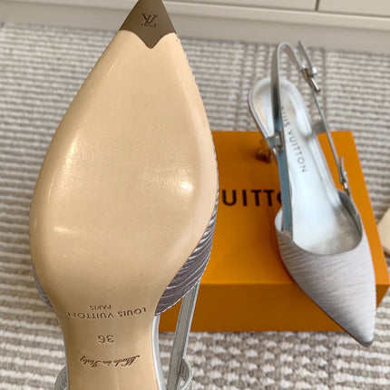 BLOSSOM SLINGBACKS 75 MM IN SILVER IMPORTED STRIPED SILK SATIN
