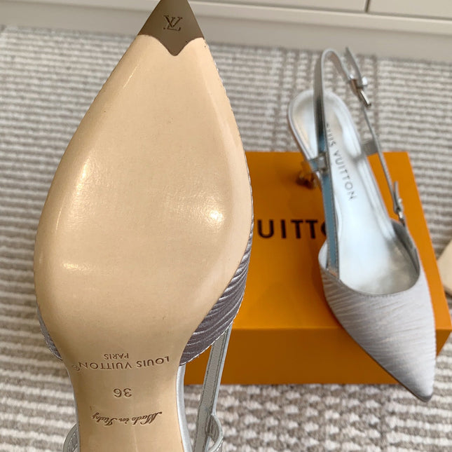 BLOSSOM SLINGBACKS 75 MM IN SILVER IMPORTED STRIPED SILK SATIN