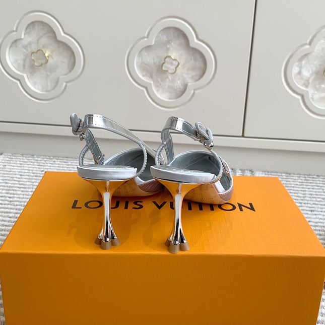 BLOSSOM SLINGBACKS 75 MM IN SILVER IMPORTED STRIPED SILK SATIN