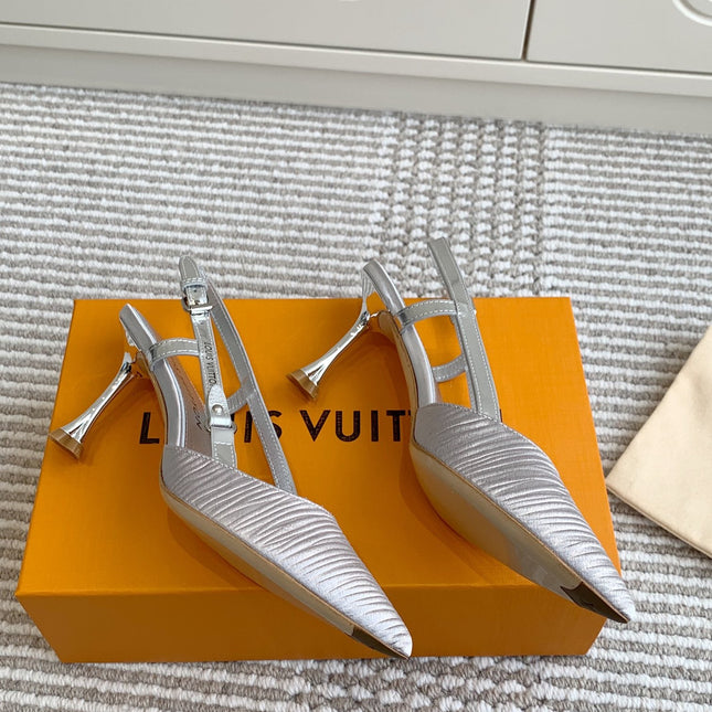 BLOSSOM SLINGBACKS 75 MM IN SILVER IMPORTED STRIPED SILK SATIN