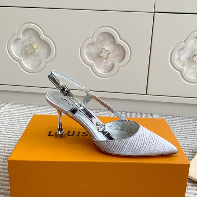 BLOSSOM SLINGBACKS 75 MM IN SILVER IMPORTED STRIPED SILK SATIN