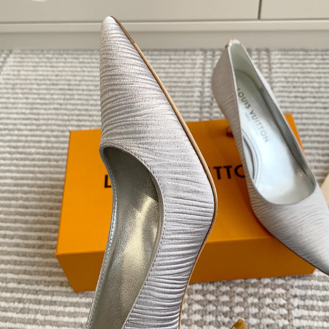 BLOSSOM PUMP 7 CM IN SILVER IMPORTED STRIPED SILK SATIN