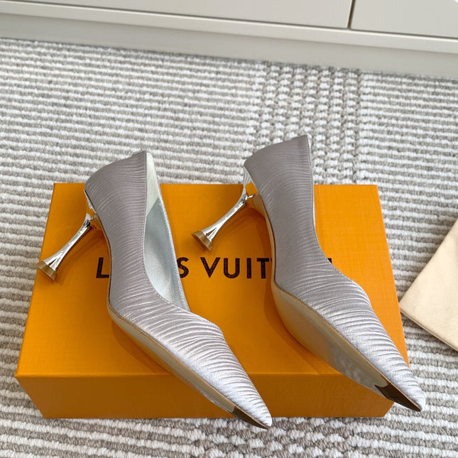 BLOSSOM PUMP 7 CM IN SILVER IMPORTED STRIPED SILK SATIN