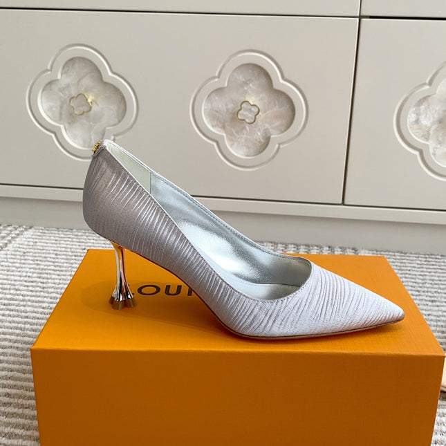 BLOSSOM PUMP 7 CM IN SILVER IMPORTED STRIPED SILK SATIN
