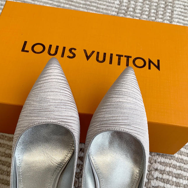 BLOSSOM PUMP 7 CM IN SILVER IMPORTED STRIPED SILK SATIN