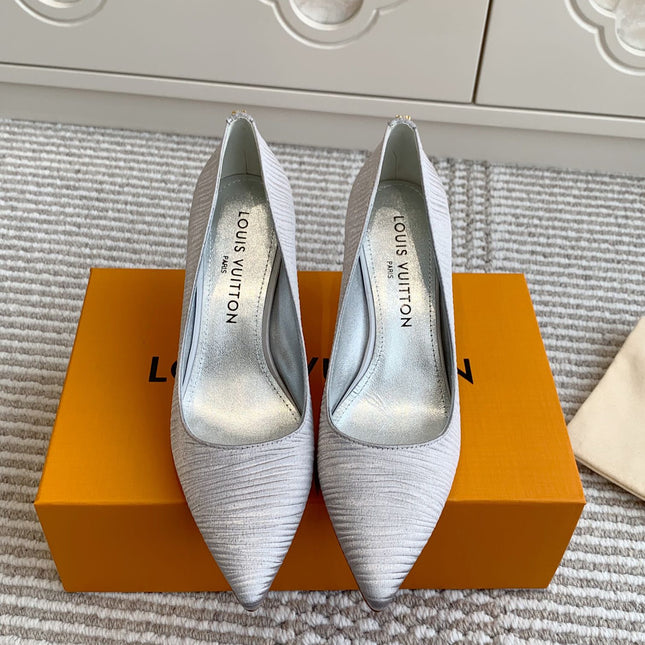 BLOSSOM PUMP 7 CM IN SILVER IMPORTED STRIPED SILK SATIN