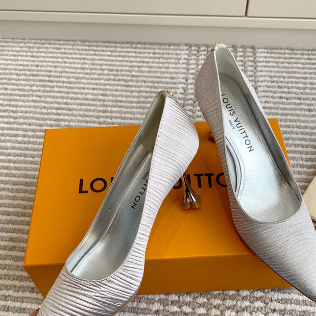 BLOSSOM PUMP 7 CM IN SILVER IMPORTED STRIPED SILK SATIN