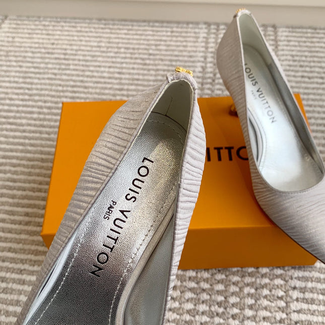 BLOSSOM PUMP 7 CM IN SILVER IMPORTED STRIPED SILK SATIN